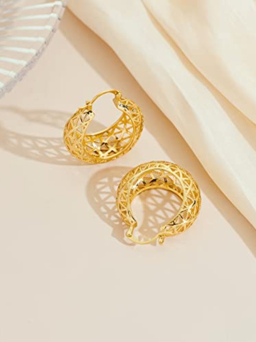 Chunky Gold Filigree Hoop Earrings for‎ Women | Gold-Plated Thick Large Hoop